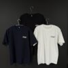 Killat logo on a white shirt, black and blue shirt on a black background